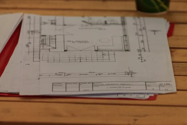 Architectural floor plan drawings on white paper placed on a wooden table.