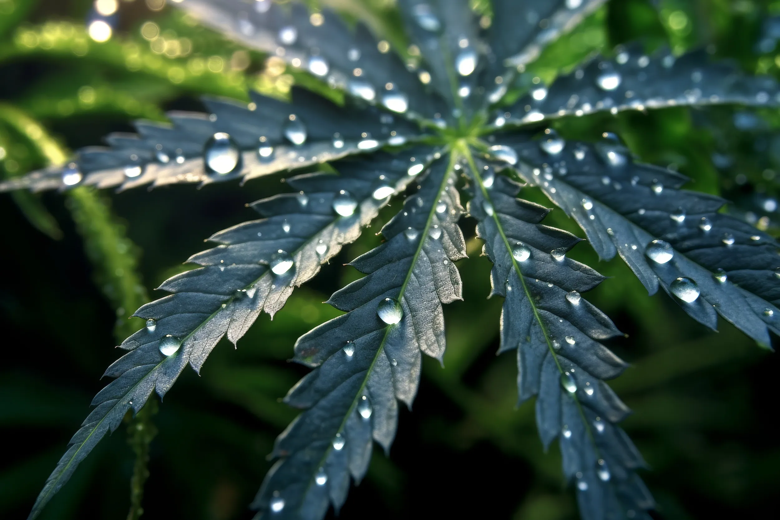 Close-up of cannabis leaves covered with water droplets against a blurred green background.