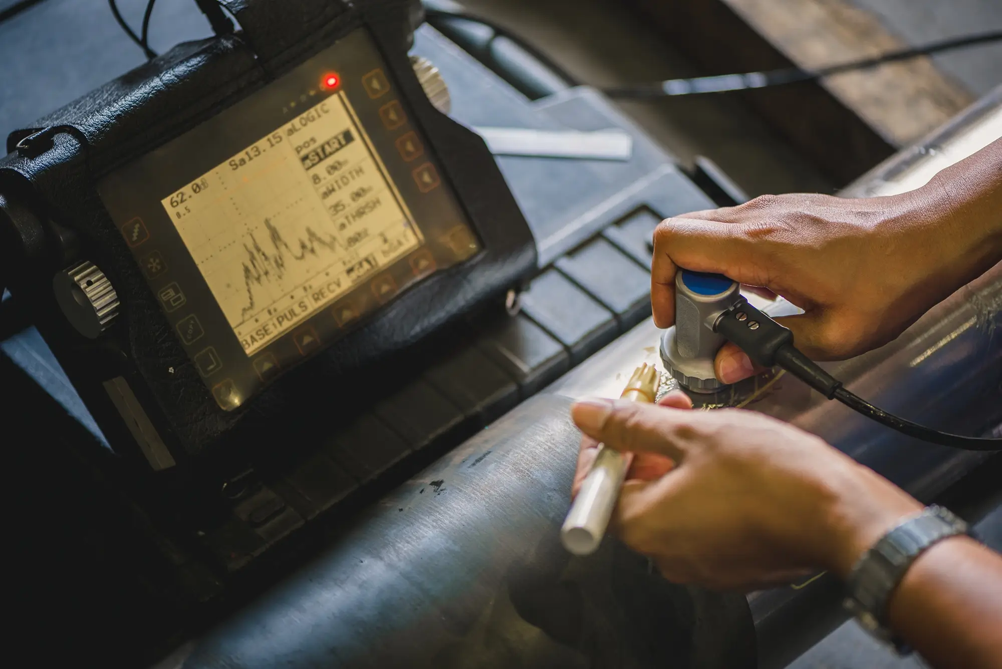 Nahaufnahme einer Materialprüfung: Eine Person führt eine Ultraschallprüfung an einem Metallrohr durch, während die Ergebnisse als Wellenform auf einem digitalen Messgerät angezeigt werden.