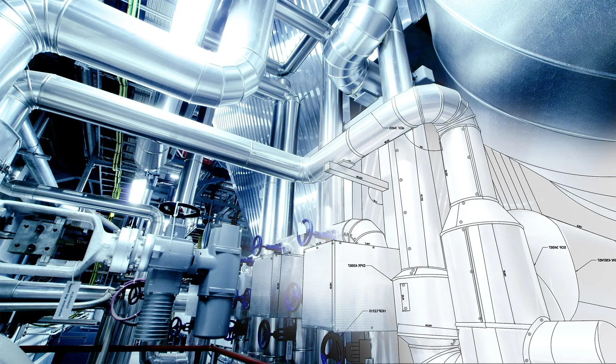 Künstlerische Darstellung einer modernen Industrieanlage, bei der ein Foto von glänzenden Metallrohren fließend in eine technische CAD-Strichzeichnung übergeht.