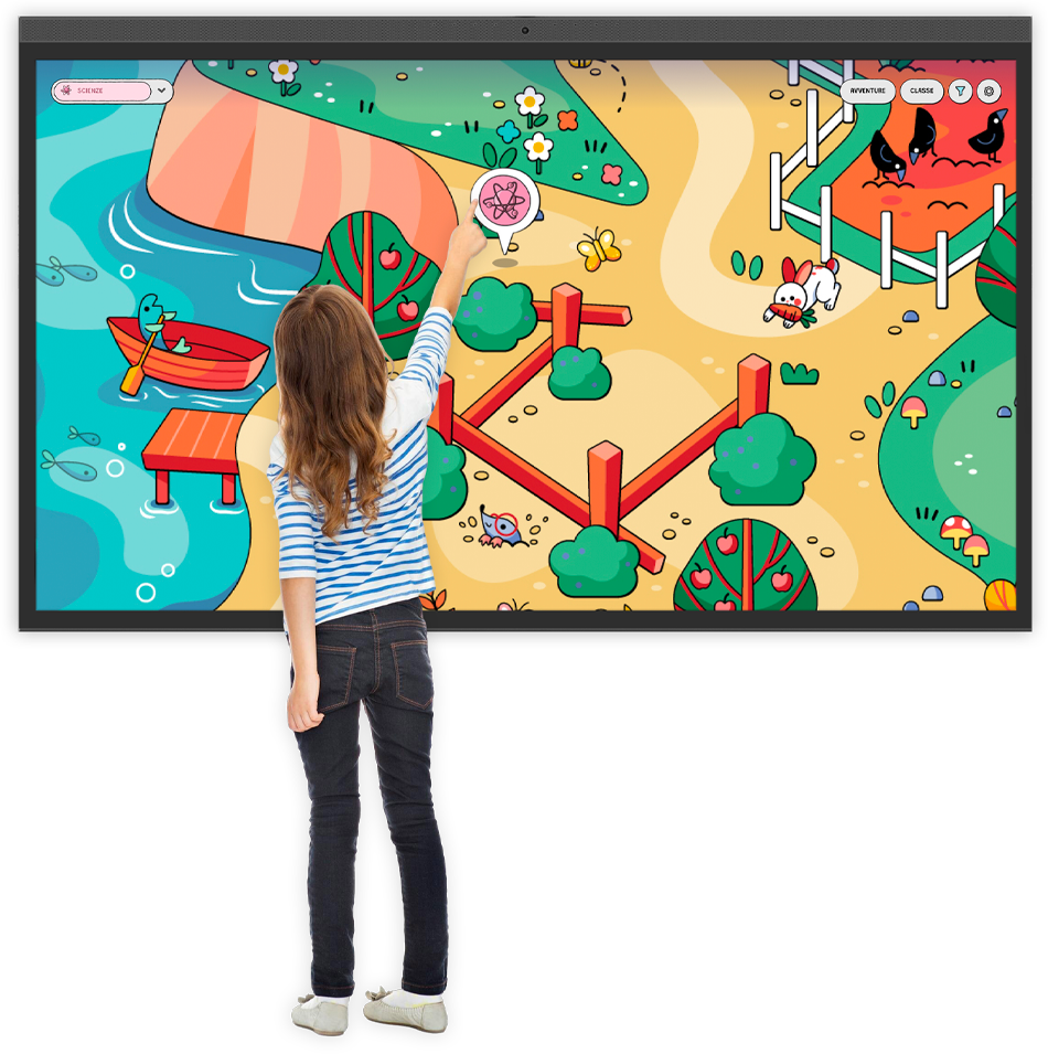 Joy product illustration showing children learning through play with an interactive digital board