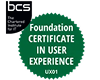 Green circular badge with white text reading 'Foundation Certificate in User Experience UX01'.