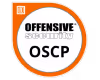 Badge with text 'Offensive Security OSCP' inside a circular design with orange and black accents.