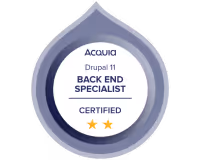 Acquia Drupal 11 Back End Specialist certified badge with two gold stars.