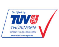 TÜV Thüringen certified ISO 9001 logo with red checkmark and website URL.