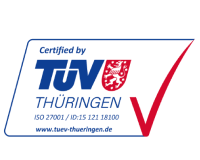 Certification mark for TÜV Thüringen with a red checkmark and a red mask symbol.