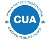 Certified Usability Analyst (CUA) logo with text Human Factors International surrounding it.
