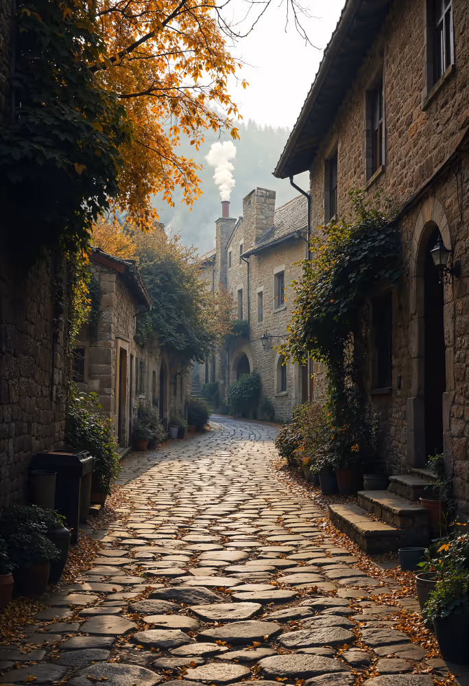 Ein Straßenzug mit gepflasterter Straße und Häusern in gleicher Bauweise symbolisiert den Ensembleschutz.