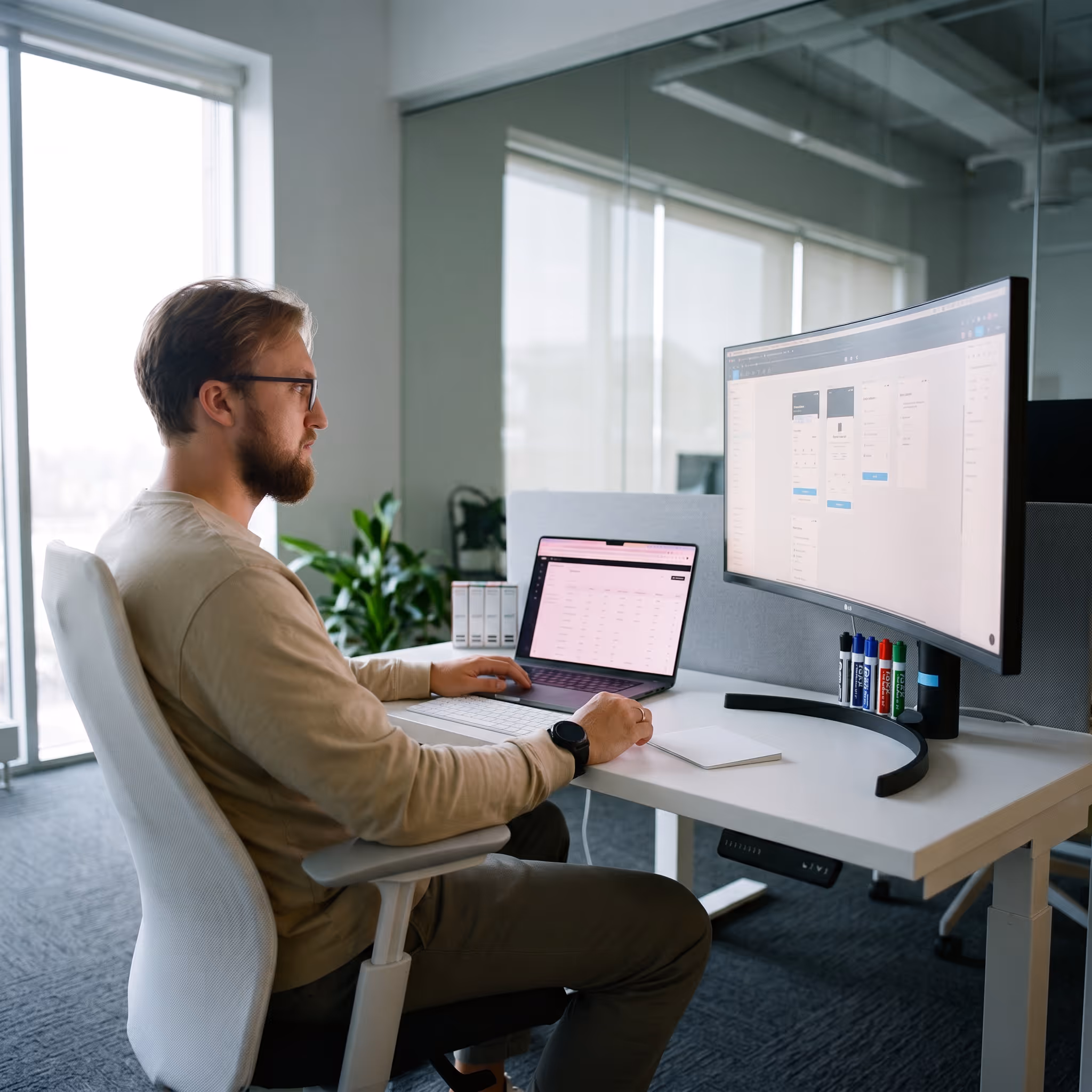 Man sitting at a desk in an office working on a laptop and a large curved monitor with digital interface screens.