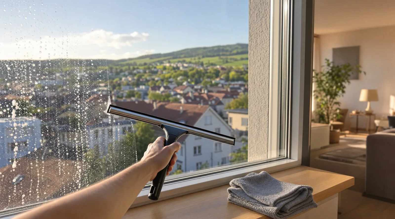 Nettoyage d'une vitre à la raclette laissant une surface nette et sans traces, vue sur un village suisse de plaine