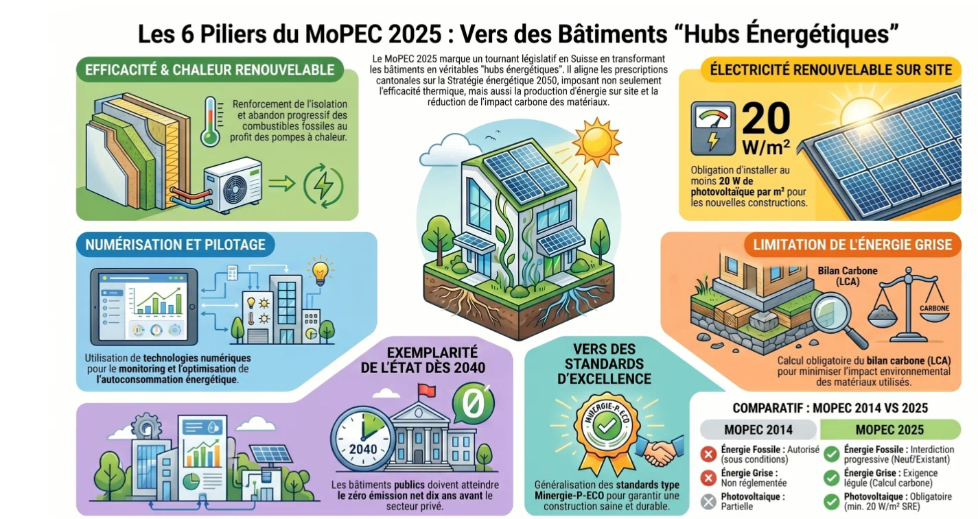 Infographie des six piliers du MoPEC 2025 pour des bâtiments hubs énergétiques