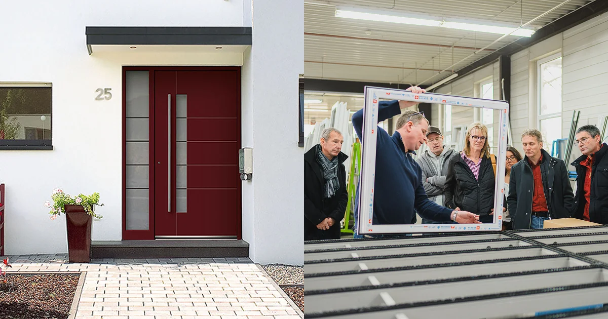 Montage de deux photos : à gauche une porte d'entrée en PVC bordeaux sur une maison blanche, à droite la présentation d'un cadre de fenêtre en PVC blanc à un groupe de visiteurs dans l'espace de production Domofen.
