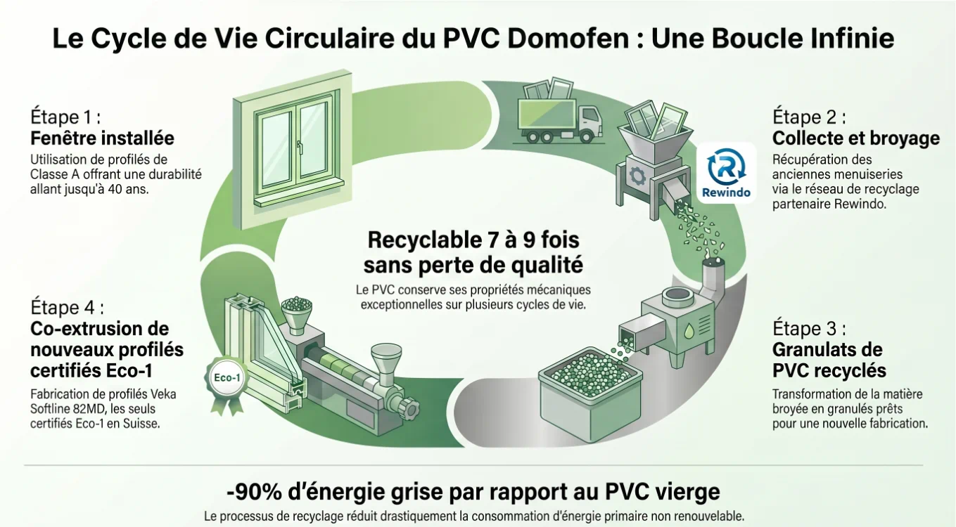 Schéma du cycle de vie circulaire du PVC, recyclable jusqu'à 7 fois