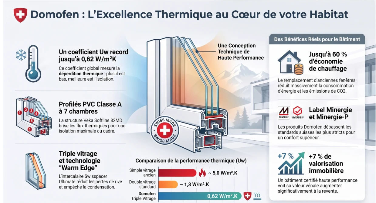 Infographie Domofen sur la performance thermique des fenêtres : coefficient Uw jusqu'à 0,62 W/m²K, profilé PVC Classe A à 7 chambres, triple vitrage à intercalaire Warm Edge, jusqu'à 60 pour cent d'économie de chauffage et labels Minergie