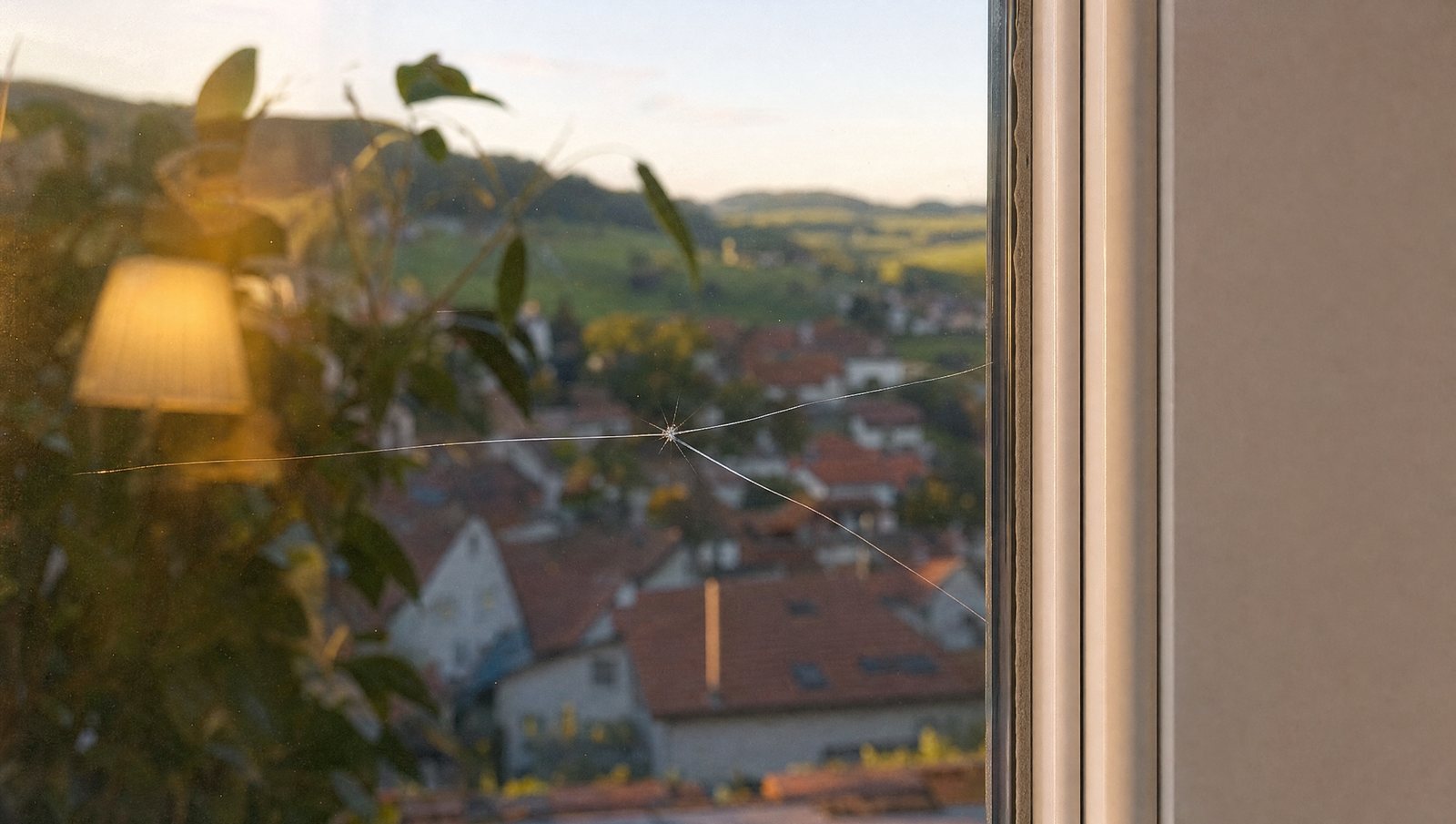 Fissure en étoile dans le vitrage d'une fenêtre PVC, reflet chaud d'une lampe et village romand au-dehors