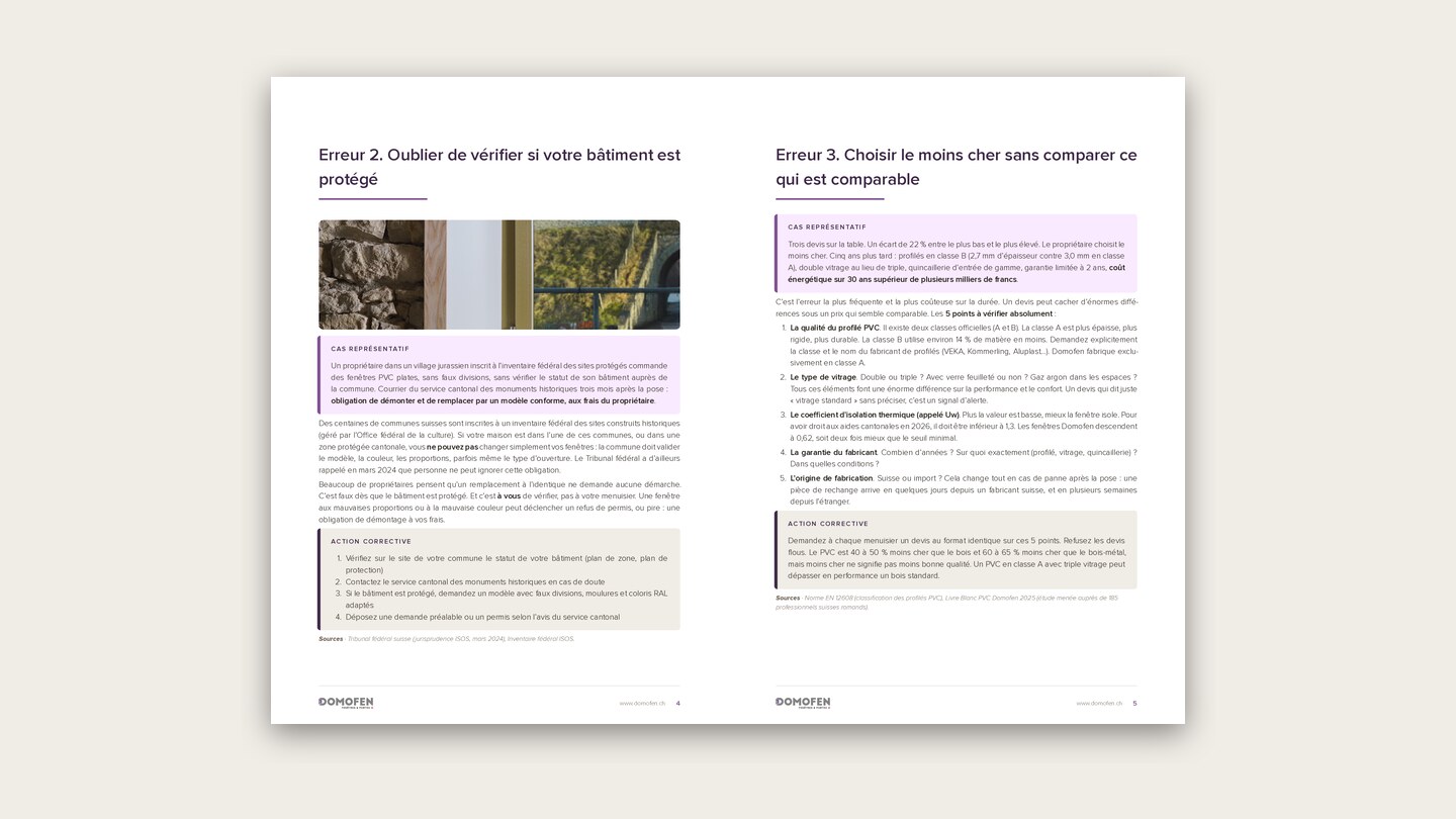 Double page du guide Domofen : trois devis sur la table, et rien de comparable