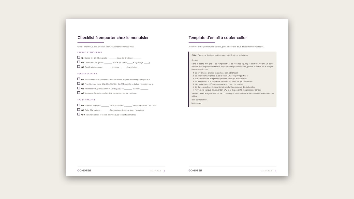 Double page du guide Domofen : trois chantiers récents, vérifiables