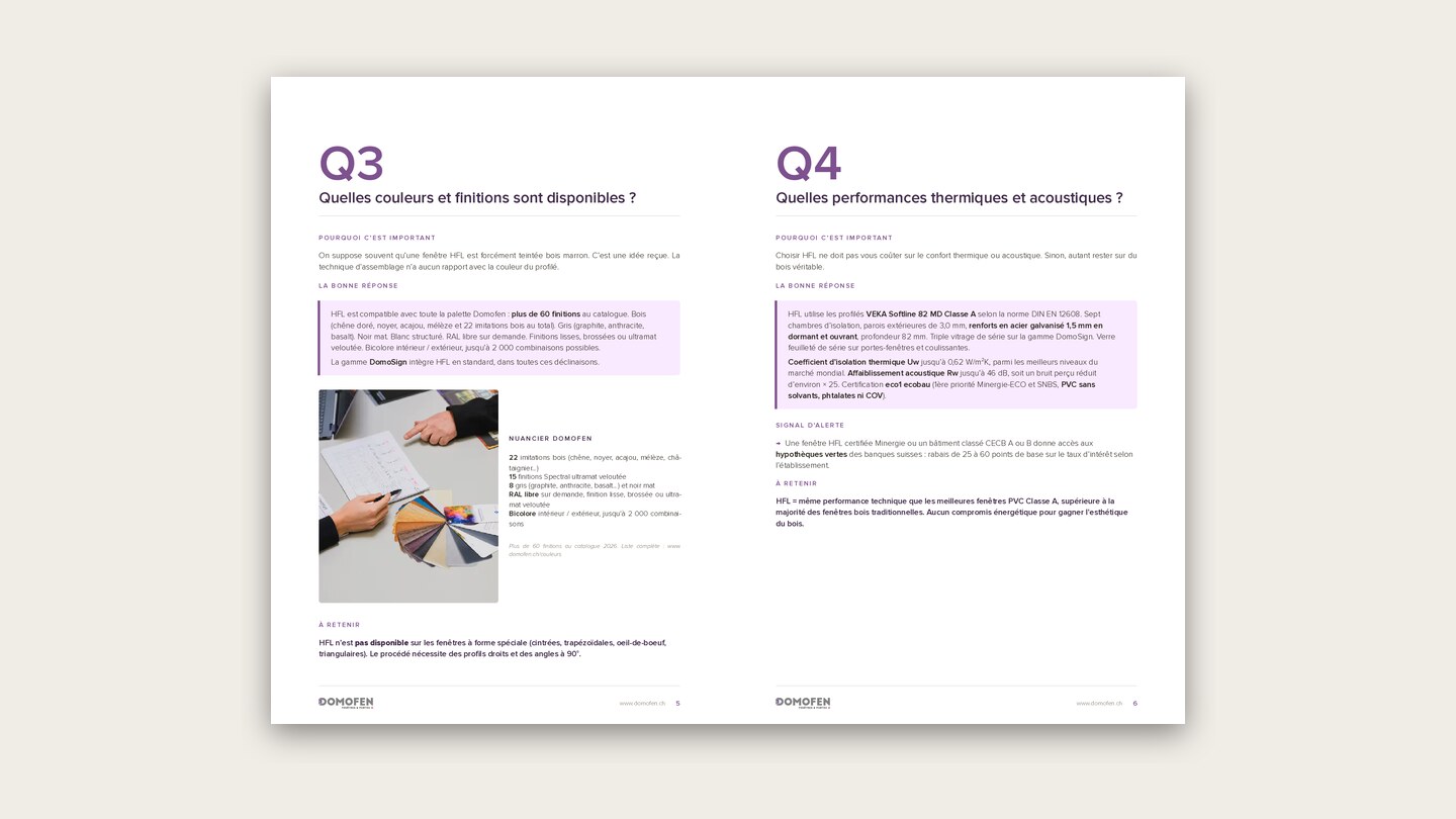 Double page du guide Domofen : hfl, imitation bois, finitions : ne pas confondre