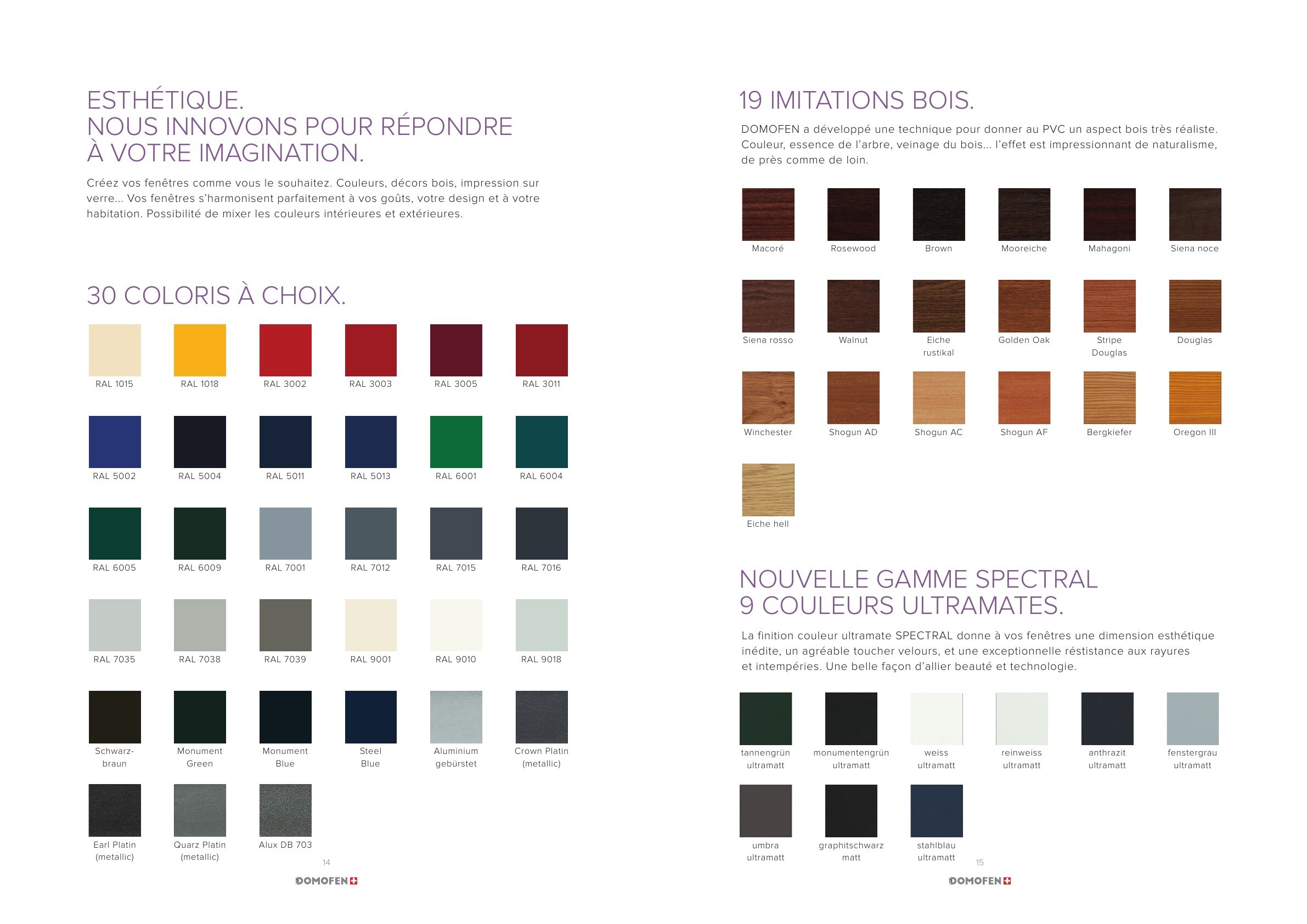 Couleurs, décors bois et finitions présentés dans le catalogue Domofen