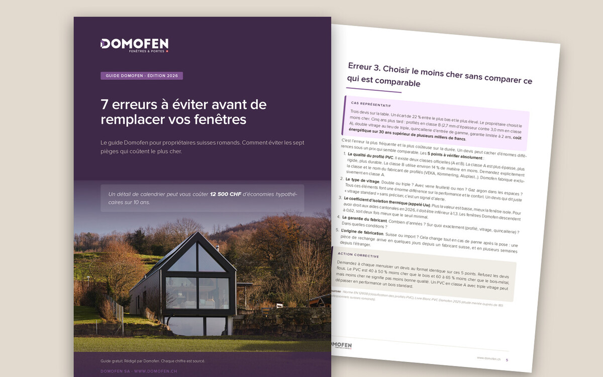 Le guide Domofen « 7 erreurs à éviter avant de remplacer vos fenêtres », couverture et page intérieure