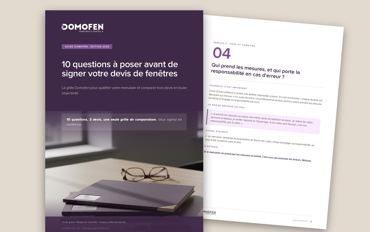 Le guide Domofen « 10 questions à poser avant de signer votre devis de fenêtres », couverture et page intérieure