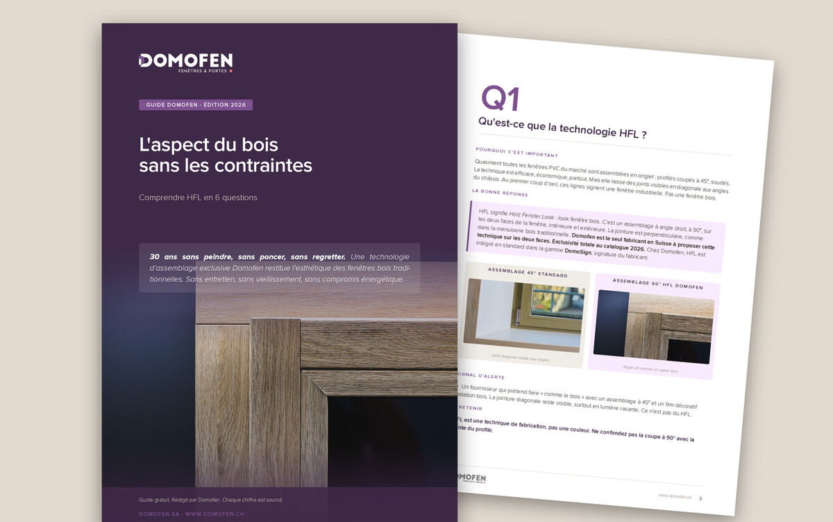 Le guide Domofen « L’aspect du bois sans les contraintes », couverture et page intérieure