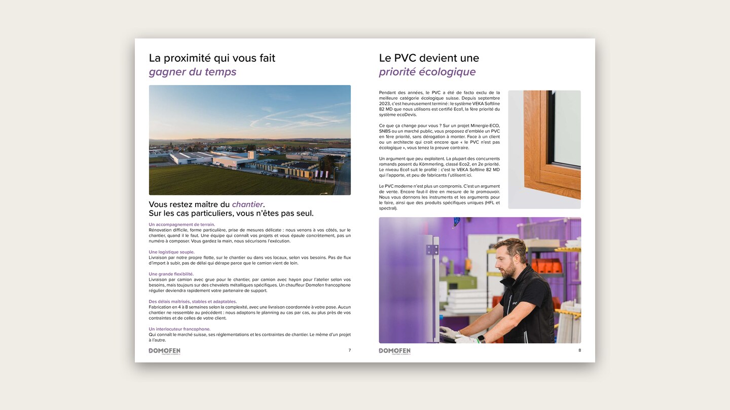 Double page du livret Domofen : le profilé, et ce qu’il ouvre comme marchés