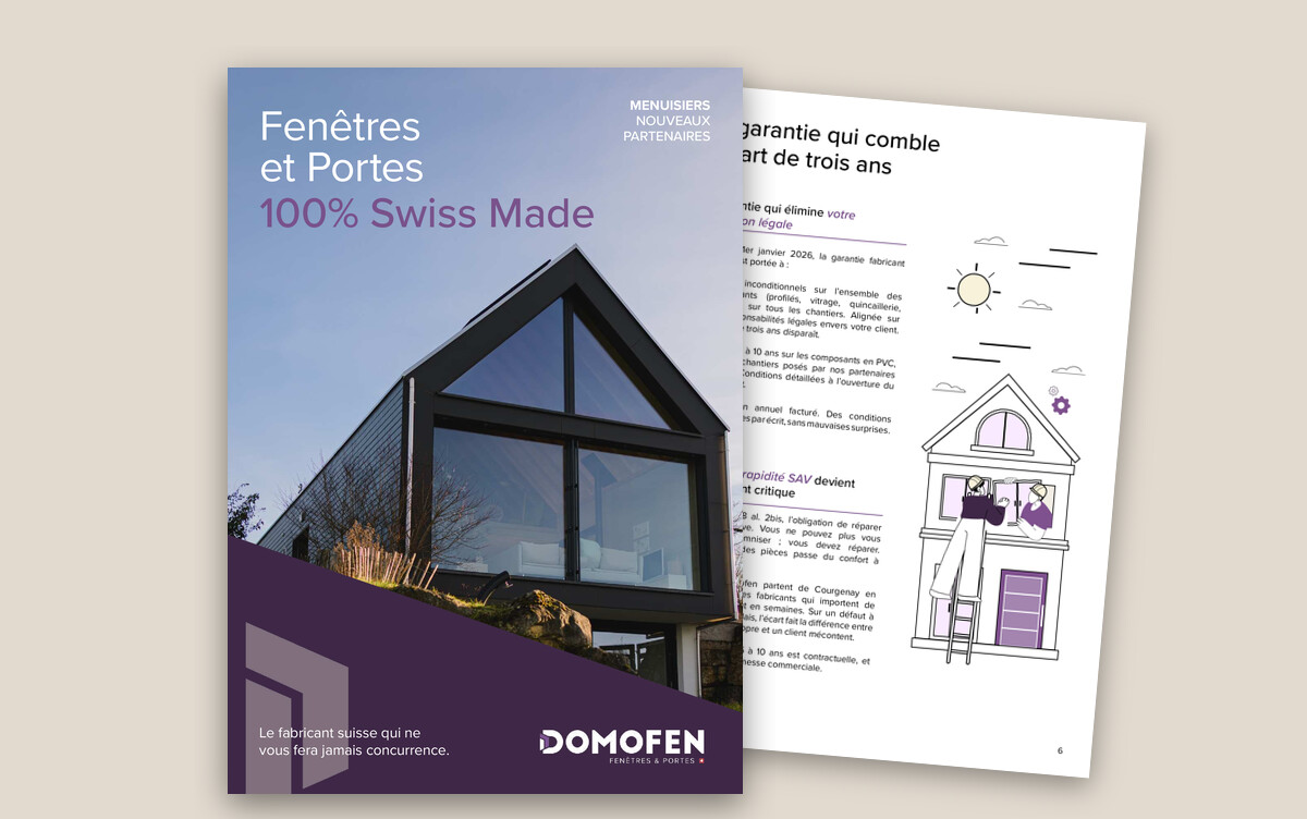 Le livret Domofen « Devenir partenaire menuisier Domofen », couverture et page intérieure