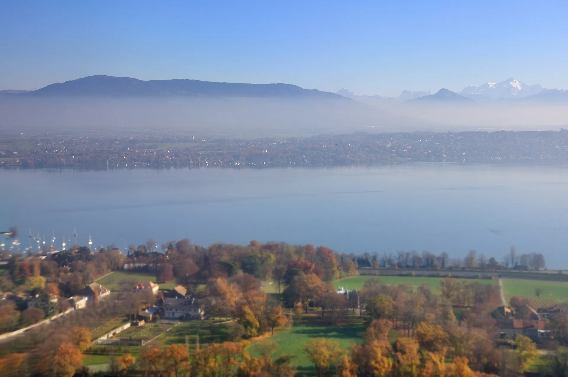 Vue aérienne de Bellevue au bord du lac Léman, avec les Alpes.