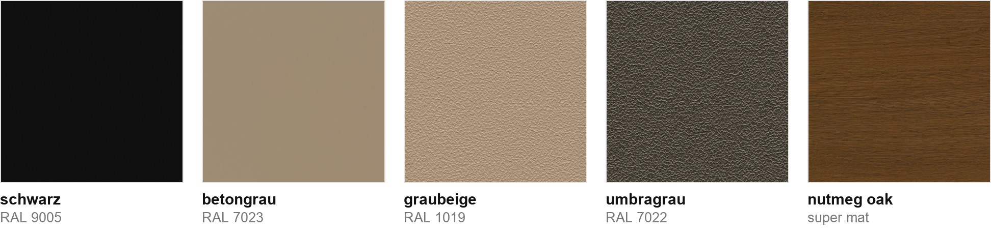Les cinq nouvelles teintes VEKA côte à côte : schwarz RAL 9005, betongrau RAL 7023, graubeige RAL 1019, umbragrau RAL 7022 et nutmeg oak super mat.