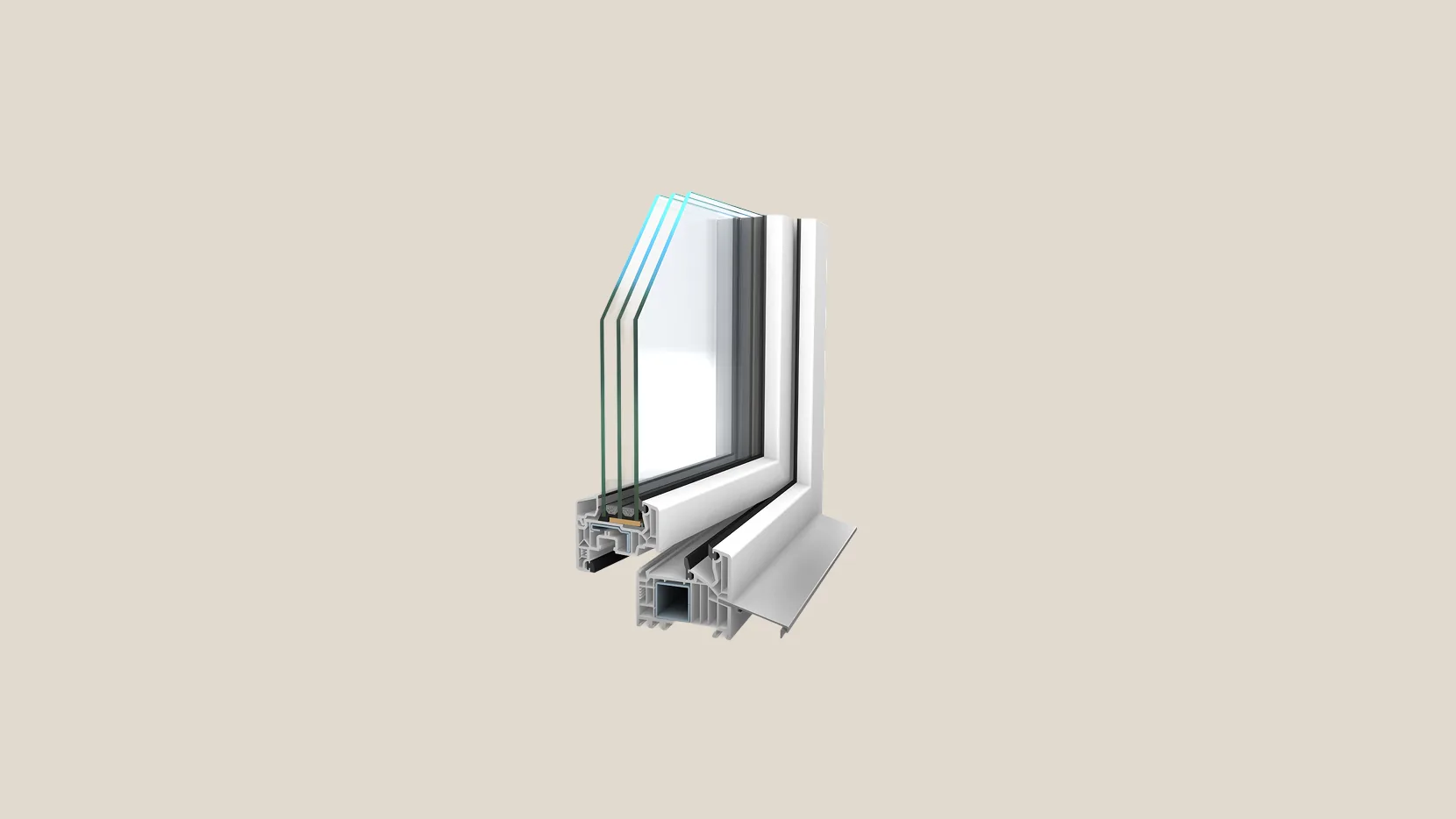 Coupe d'angle d'une fenêtre en PVC montrant les trois verres d'un triple vitrage