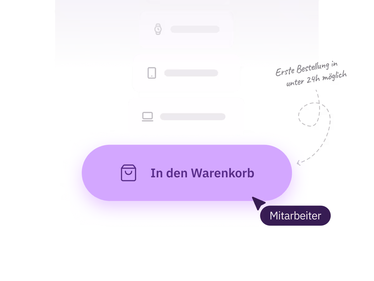Großer lila Button mit Einkaufstaschen-Symbol und Text 'In den Warenkorb', daneben eine Sprechblase mit 'Mitarbeiter' und handschriftlicher Hinweis 'Erste Bestellung in unter 24h möglich'.