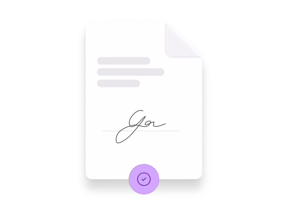 Dokument mit Unterschrift und einem lila Kreis mit Häkchen darunter als Zeichen der Bestätigung.