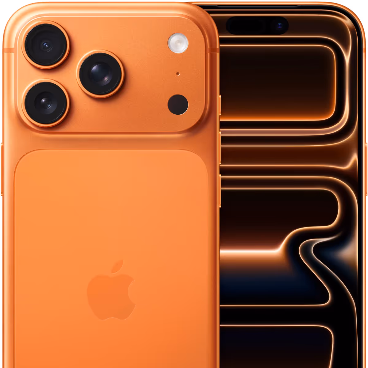 Orangenes Apple iPhone mit Rückkamera neben einem Display mit abstraktem orangem Lichtmuster.