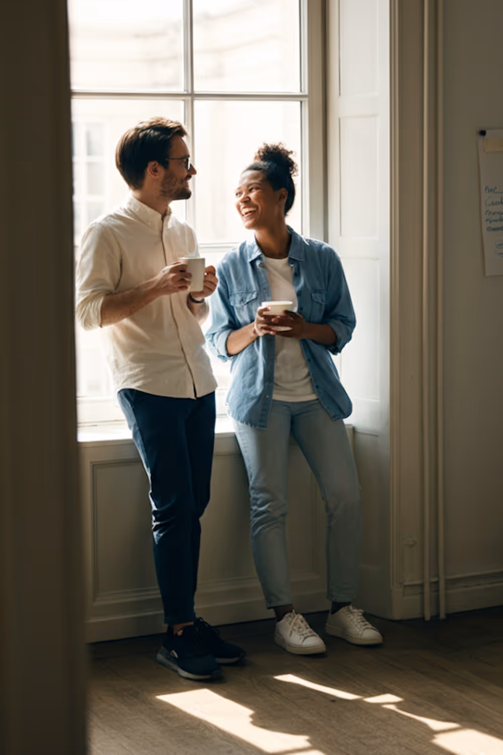 Ein Mann und eine Frau stehen lächelnd nebeneinander vor einem Fenster und halten jeweils eine Tasse.