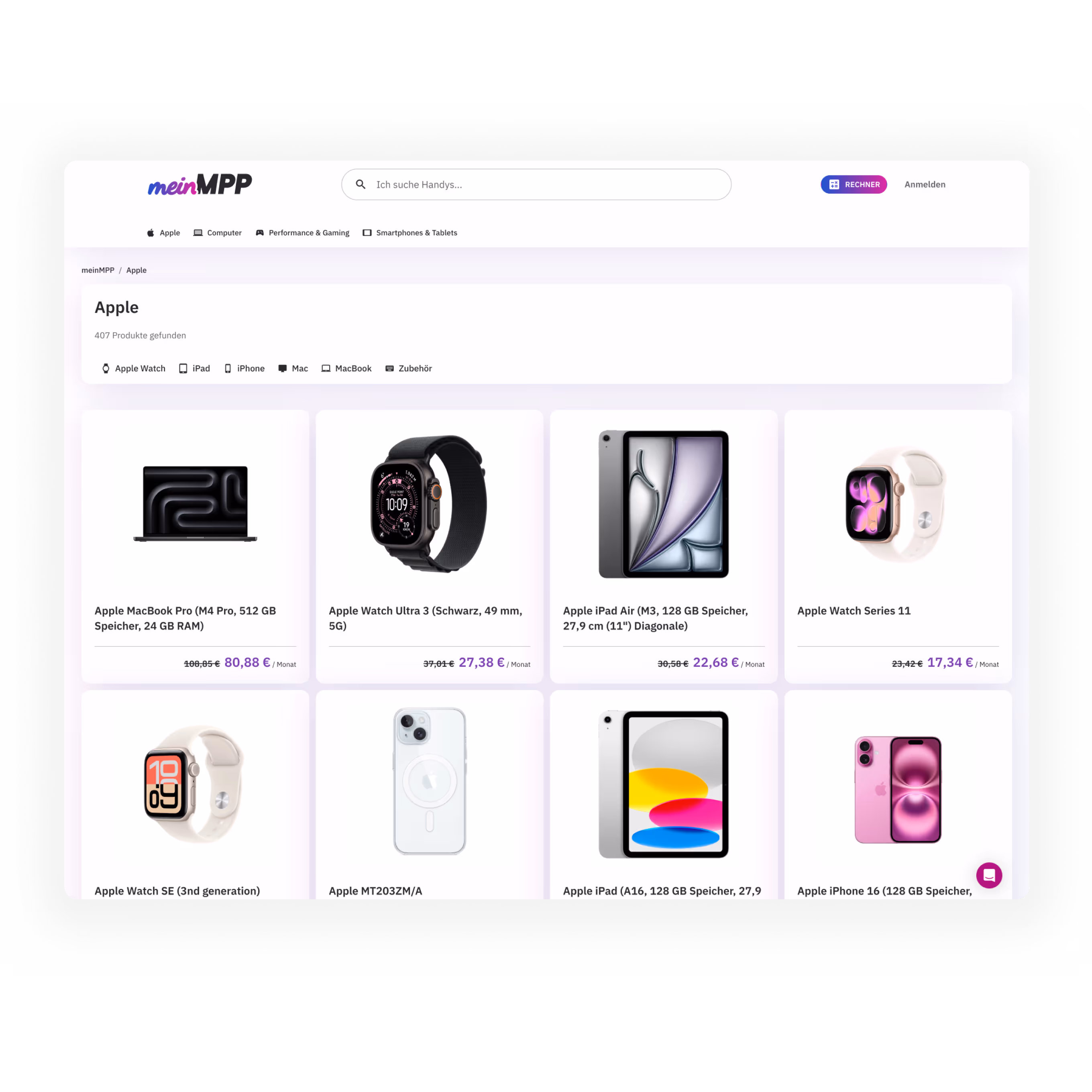 Öffentlicher Onlineshop von meinMPP, der Apple-Produkte wie MacBook Pro, verschiedene Apple Watch Modelle, iPads und iPhone 16 mit Preisen und Rabatten zeigt.