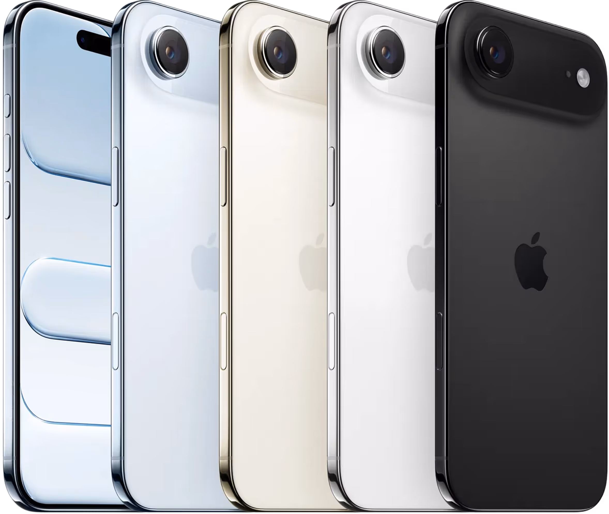 Fünf iPhones in verschiedenen Farben, von links nach rechts: blau, silber, gold, weiß und schwarz, alle leicht schräg stehend.