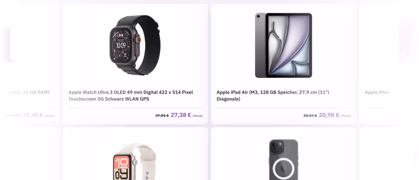 Vier Apple-Produkte: Apple Watch Ultra 3 schwarz, Apple iPad Air (M3, 128 GB), Apple Watch mit weißem Armband und ein schwarzes iPhone.