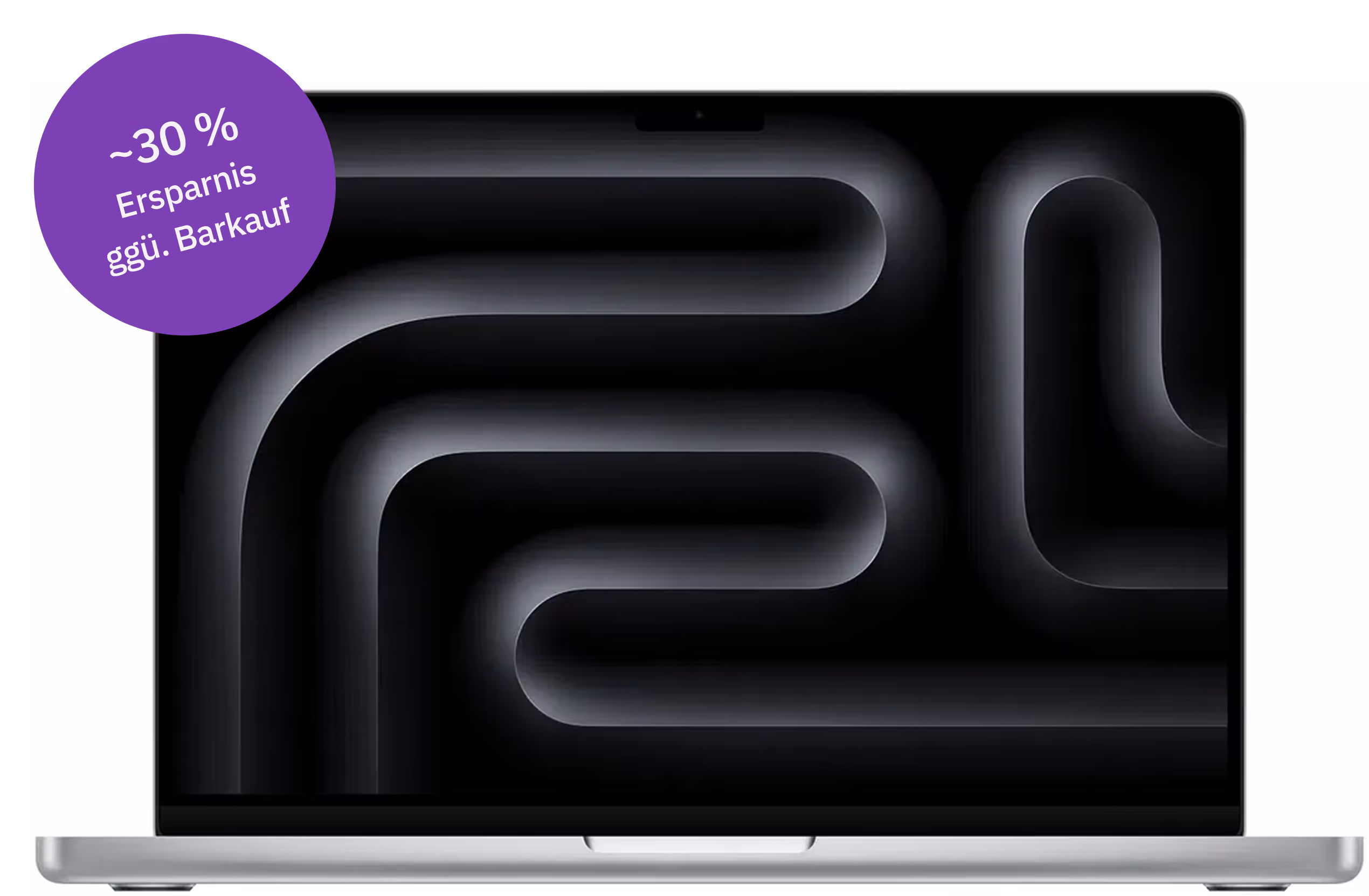 Silberner Laptop mit abstraktem schwarzem Bildschirmmuster und violettem Kreis, der ~30 % Ersparnis ggü. Barkauf bewirbt.