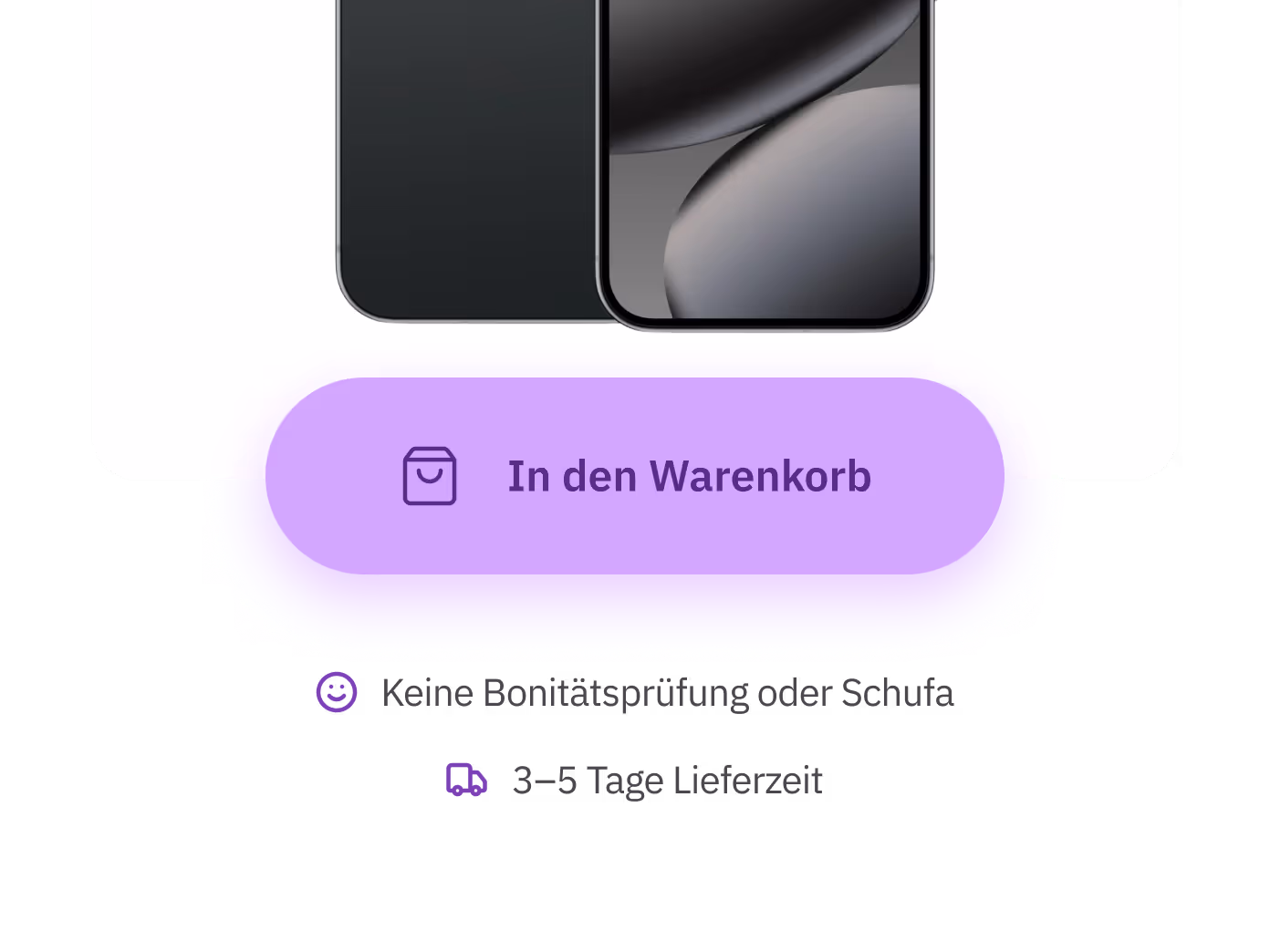 Smartphone mit lila Button 'In den Warenkorb' und Symbolen für keine Bonitätsprüfung und 3-5 Tage Lieferzeit.