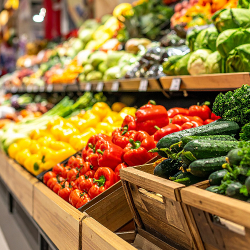 Étalage de légumes frais colorés dans un marché par un employé libre service fruit et légume intérim