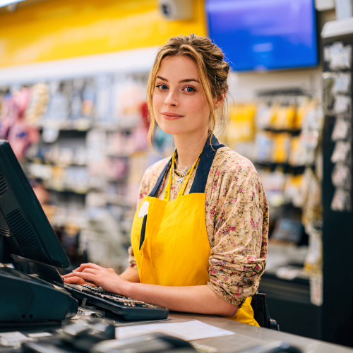 Une caissière souriante avec un tablier jaune utilise un ordinateur à la caisse d'un supermarché 