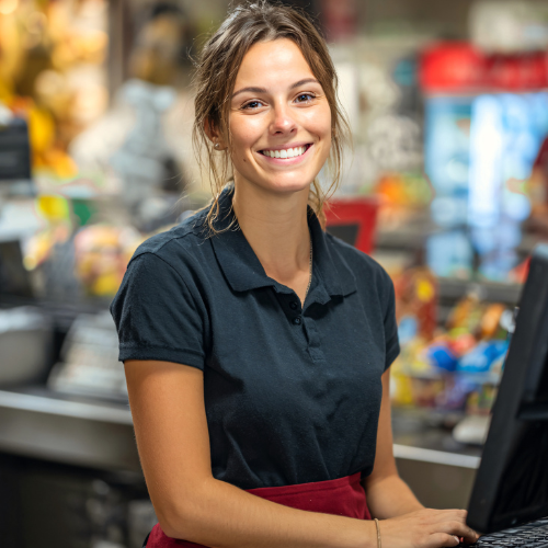 Jeune femme souriante en polo noir travaillant à une caisse enregistreuse dans un supermaché.