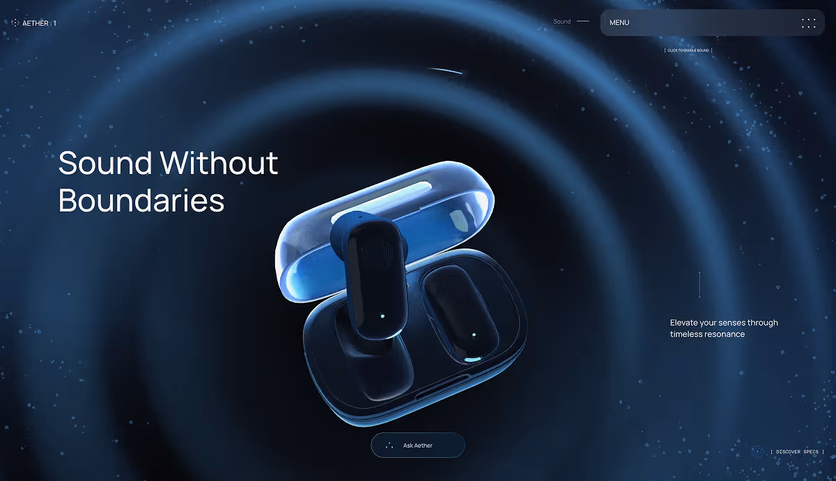 Aether 1 Earbuds home page, showcasing a 3D scroll interaction. By Off+Brand.