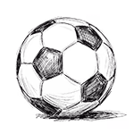 Zwart-wit schets van een klassieke voetbal met patroon van vijfhoeken en zeshoeken.