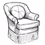 Schets van een comfortabele fauteuil met kussen en franjes onderaan.