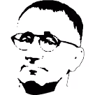 Zwart-wit silhouet van een man met bril en baard, in een minimalistische en abstracte stijl.