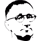 Zwart-wit digitale pixelportret van een man met een bril en korte haarstijl.