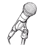 Zwarte en witte schets van een microfoon op een standaard.