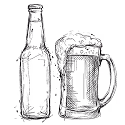 Illustratie van een fles bier en een glas bier met schuim.